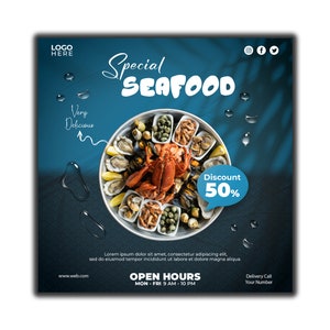 Ulotka z owocami morza / Post w mediach społecznościowych restauracji rybnej / Specjalna ulotka z owocami morza / Projekt ulotki z talerzem z owocami morza / Post na Instagramie dotyczący usług związanych z owocami morza