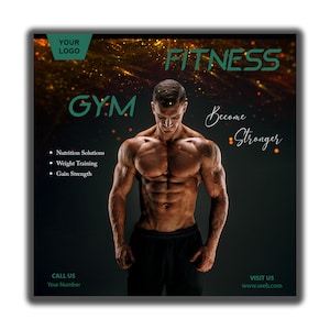 Könnte beinhalten: Werbung für ein Fitnessstudio mit einer muskulösen Person. Die Wörter "FITNESS" und "GYM" sind grün, mit dem Text "Become Stronger" in Weiß. Zusätzlicher Text enthält "Nutrition Solutions", "Weight Training" und "Gain Strength".