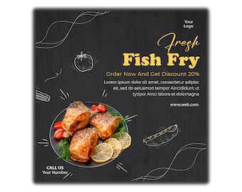 May include: A black chalkboard with white chalk drawings of food, including a plate of fried fish, lemons, and dill. The text "Fresh Fish Fry" is written in yellow with the words "Order Now And Get Discount 20%" below. The text "www.web.com" is written in white at the bottom of the chalkboard.