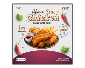 May include: A white and red food advertisement for spicy chicken with a picture of fried chicken, french fries, and ketchup. The text reads "Delicious Spicy Chicken", "Today Best Deal", "Free Home Delivery", and "Upto 50% Off".