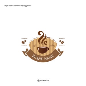 May include: A coffee-themed logo with a brown coffee cup, steam, and coffee beans. The logo includes the words "High Quality" and "BRAND NAME" on a brown banner. The background is a light brown and beige striped design.