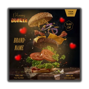 Conception de flyers pour hamburgers / Réseaux sociaux marketing pour hamburgers / Modèle Instagram pour hamburgers / Flyer de la boutique de hamburgers / Publication de hamburgers sur les réseaux sociaux d'entreprise