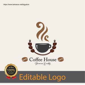 May include: A brown coffee cup with steam rising from it, surrounded by coffee beans, with the text "Coffee House Premium Quality" and a gold star rating badge that says "100% Satisfaction Guaranteed".
