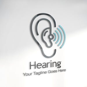 May include: A logo featuring a stylized ear in gray with light blue sound waves emanating from it. The word "Hearing" is below the ear, with the tagline "Your Tagline Goes Here" underneath.