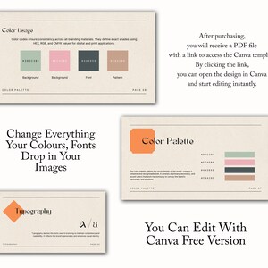 May include: A guide to creating a brand identity with a color palette, typography, and fonts. The guide includes a color palette with four colors, a typography section with a font pairing, and a section on how to change everything in the design using Canva.