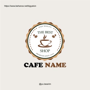 May include: A brown and white logo for a coffee shop called "The Best Shop". The logo features a stylized coffee cup with steam rising from it. The text "High Quality", "The Best", "Shop", "Premium Since 2020", and "Cafe Name" are also included in the logo. The logo is surrounded by a brown and green border.