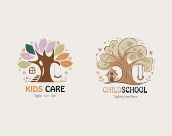 May include: Two logos featuring stylized trees with houses and swings. The first logo says "Kids Care" with the tagline "Tagline Goes Here". The second logo says "Child School" with the tagline "Tagline Goes Here".