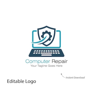 Könnte beinhalten: Ein Logo für Computerreparaturdienste. Das Design zeigt einen Laptop mit einem Schild- und Zahnradsymbol. Der Text "Computer Repair" steht unter dem Laptop, mit dem Slogan "Your Tagline Goes Here". Die Wörter "Editable Logo" und "Instant Download" sind ebenfalls vorhanden.