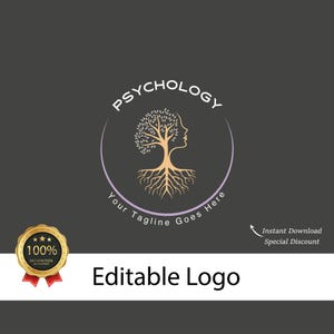 Modern Psychology Logo Design / Gold Tree of Life Logo / Editable Brain & Mind Wellness Logo for Mental Health Branding / Psychologist Logo