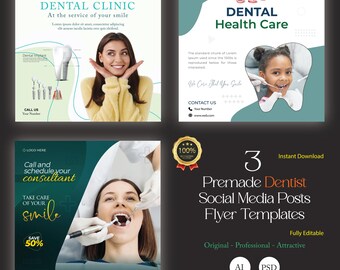 Folleto dental y paquete para redes sociales: Plantillas de marketing para clínicas (AI, PSD)