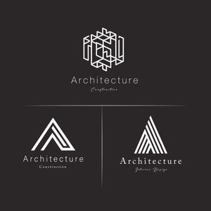 Op de afbeelding: Drie zwart-witte logo-ontwerpen voor een architectenbureau. Het bovenste logo heeft een geometrisch ontwerp met de tekst "Architectuur Bouw". Het middelste logo heeft een gestileerde driehoek met de tekst "Architectuur Bouw". Het onderste logo heeft een gestileerde driehoek met de tekst "Architectuur Interieurontwerp".