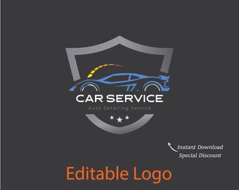 May include: A car service logo design featuring a blue sports car silhouette inside a silver shield. The text "CAR SERVICE Auto Detailing Service" is displayed below the car. The words "Editable Logo" are at the bottom.