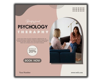 May include: A pink and white graphic design advertises professional psychology therapy services. The ad features a therapist and client sitting on a couch in a room with a window. The text reads "Professional Psychology Therapy" and "Get Discount 20%". The ad also includes a call to action to "Book Now".