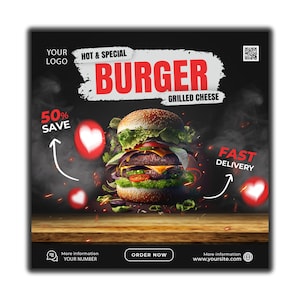 May include: A black and red square graphic with the text "HOT & SPECIAL BURGER GRILLED CHEESE" and a large, juicy burger with lettuce, tomato, cheese, and a beef patty. The text "50% SAVE" and "FAST DELIVERY" are also included in the graphic.