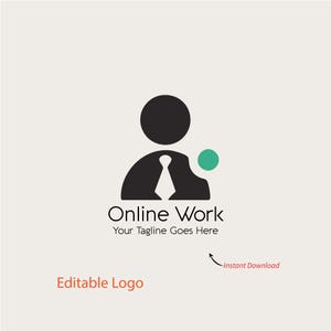 以下が含まれることがあります： 「Online Work」と「Your Tagline Goes Here」という文字が入った白黒のロゴ。ネクタイをした人物のシルエットと緑色の円が特徴です。「Editable Logo」という文字も表示されています。