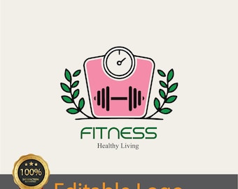 May include: A pink weight scale with a dumbbell icon and green laurel wreaths on either side. The text "FITNESS Healthy Living" is below the scale.
