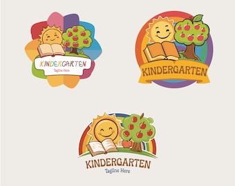 May include: Three colorful logos for a kindergarten. Each logo features a smiling sun, a green tree with red apples, and an open book. The text "Kindergarten" is featured in each logo.