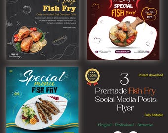 May include: Three social media post templates for a fish fry restaurant. The templates feature a blue, red, and black background with images of fried fish, lemons, and tomatoes. The text on the templates includes "Fish Fry", "Special Menu", "To Day's Special", and "Order Now".