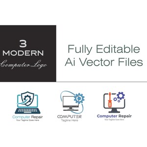 Puede incluir: Diseño gráfico con tres logotipos de ordenador modernos. Los logotipos incluyen un portátil con un escudo, un monitor de ordenador con un engranaje y un monitor con un destornillador y engranajes. El texto incluye "3 MODERN Computer Logo" y "Fully Editable Ai Vector Files."