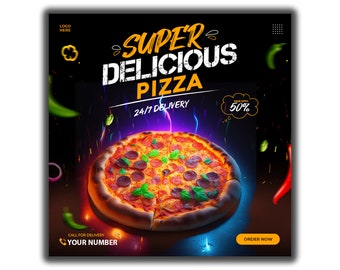 Pizzaflyerontwerp / Pizzamarketing sociale media / Instagram-sjabloon fastfood / Flyer pizzawinkel / Pizzabedrijf Instagram-bericht