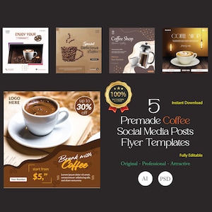 5-in-1 Coffee Flyer & Social Media Set – Editable Designs for Cafés or Coffee Brands / Coffee Shop Flyer Pack - Perfect for Baristas