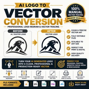 Puede incluir: Un anuncio gráfico para servicios de conversión de logotipos de IA a vectores. Muestra una comparación entre un logotipo de águila de mapa de bits borroso y una versión vectorial nítida, con texto detallando el trazado manual y formatos.