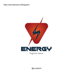 May include: A red triangle with a lightning bolt inside. The word "ENERGY" is written in bold, black letters below the triangle. The text "Tagline Here" is written in smaller, black letters below the word "ENERGY".
