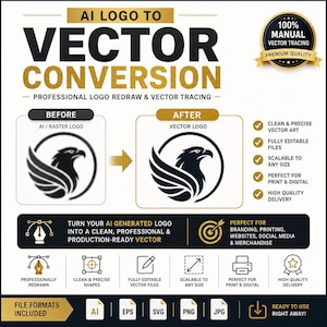 May include: A graphic advertisement for AI logo to vector conversion services. It displays a blurry raster eagle logo before and a sharp vector eagle logo after. Text includes 100% manual vector tracing, professional logo redraw, and file formats AI, EPS, SVG, PNG, and JPG.
