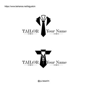 May include: Black and white logo design for a tailor. The logo features a stylized image of a tie and collar, with the text "TAILOR" and "Your Name" below.