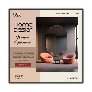 May include: A modern home interior design with two pink armchairs, a black coffee table, and an oval mirror. The text "HOME DESIGN" and "Modern Furniture" is displayed on the image. The text "VISIT US" and "CALL US" is also displayed on the image.
