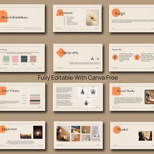 May include: Brand guidelines presentation template with a peach, green, and brown color palette. The template includes sections for color usage, color palette, typography, logo, social media, and inspiration. The presentation is fully editable with Canva.