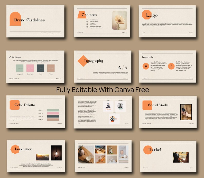 May include: Brand guidelines presentation template with a peach, green, and brown color palette. The template includes sections for color usage, color palette, typography, logo, social media, and inspiration. The presentation is fully editable with Canva.