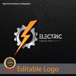 May include: A logo design for an electrical company. The logo features a yellow lightning bolt inside a silver gear with the word "ELECTRIC" and the tagline "Tagline Here" in white text.