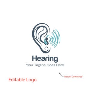 May include: A logo design featuring a stylized ear in dark blue, with sound waves in light blue emanating from the ear. The word "Hearing" is below the ear graphic, with the tagline "Your Tagline Goes Here". The words "Editable Logo" are also present.