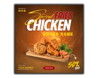 May include: A social media post advertising fried chicken with the text "Special Fried Chicken" and "Brand Name". The image shows a plate of crispy fried chicken with a 50% off sale.