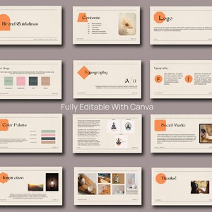 May include: Brand guidelines presentation with a peach, green, and brown color palette. The presentation includes a logo, typography, color palette, and inspiration images.