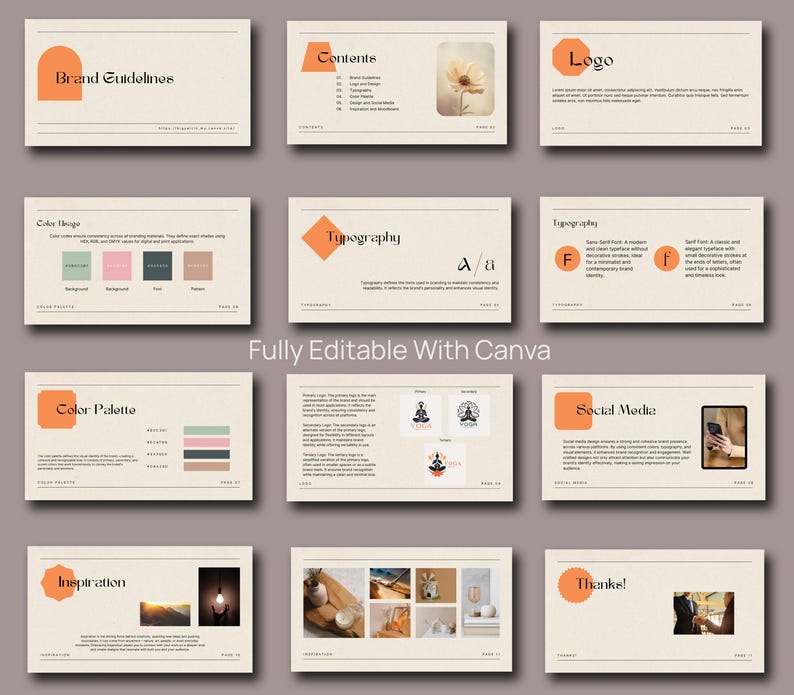 May include: Brand guidelines presentation with a peach, green, and brown color palette. The presentation includes a logo, typography, color palette, and inspiration images.