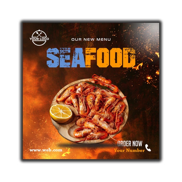 Seafood Flyer / Seafood Restaurant Instagram Post / Special Seafood Flyer Design / Prawn Plate Flyer / Seafood Business Social Media Post