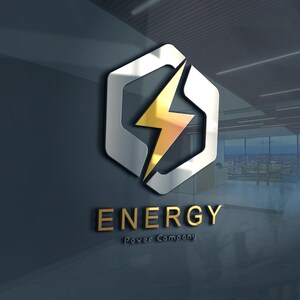 Puede incluir: Un logotipo plateado y dorado con un rayo dentro de un hexágono. El texto "ENERGY Power Company" está debajo del logotipo.