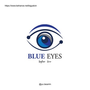 May include: Blue eye logo with the text "BLUE EYES" and "Tagline Here" below. The logo is designed with a stylized blue eye with a dark blue outline and a gray pupil.