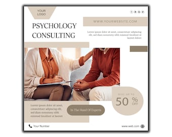 May include: A psychology consulting flyer with a photo of a therapist and client. The flyer has a brown and white color scheme and includes the text "Psychology Consulting" and "In The Hand Of Experts".