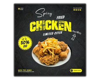 May include: A black and white graphic with yellow text advertising spicy fried chicken. The text reads "Spicy Fried Chicken" with a limited time offer of up to 50% off. The graphic includes a plate of fried chicken and french fries. The text also includes "Free House Delivery" and a phone number to order.