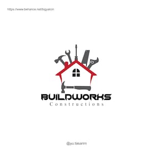 May include: A red house logo with a white window and a black hammer, wrench, screwdriver, and saw sticking out of the roof. The text "BUILDWORKS Constructions" is below the house. The text "@yu.tasarim" is at the bottom of the image.