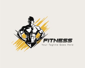 Op de afbeelding: Zwart-witte illustratie van een gespierde persoon met een vastberaden uitdrukking. De persoon staat in een ruit met een gele en oranje achtergrond. De tekst "FITNESS" is in zwart met een grijze omtrek. De tekst "Your Tagline Goes Here" staat onder het woord "FITNESS".