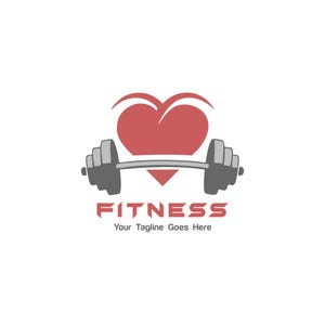May include: A fitness logo with a red heart above a barbell with grey weights. The word "FITNESS" is in red block letters below the barbell, with the tagline "Your Tagline Goes Here" in a smaller font.