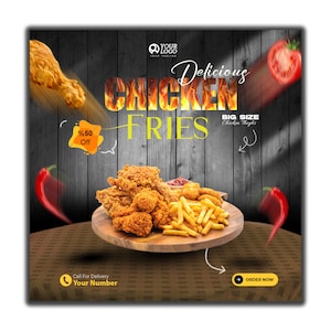 Flyer Fried Chicken / Chicken Fries Marketing Social Media / Restaurant Instagram-sjabloon / Flyer Chicken Wings / Chips Social Media Post