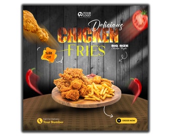 May include: An advertisement for fried chicken and fries. The image features a wooden platter with fried chicken, fries, and dipping sauces. The text reads "Delicious Chicken Fries" with a "50% Off" promotion. Red chili peppers and a tomato are also featured.