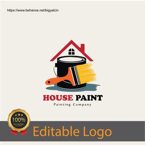 May include: A logo for a house painting company. The logo features a paint can with a paintbrush, a red house, and the text "HOUSE PAINT Painting Company". A gold star-shaped seal with the text "100% SATISFACTION GUARANTEED" is below the logo.