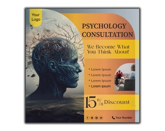 May include: A graphic design for a psychology consultation service. The image features a stylized human head with branches growing out of it, a therapist and client sitting in a room, and the text "PSYCHOLOGY CONSULTATION" and "We Become What You Think About!"