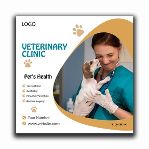 Puede incluir: Una veterinaria con una bata verde sostiene un pequeño cachorro marrón y blanco. El texto "Veterinary Clinic" está en azul turquesa con una huella de pata debajo. El texto "Pet's Health" está en negro con una lista de servicios ofrecidos: Vacunaciones, Odontología, Prevención de parásitos, Cirugía de rutina. El texto "Your Number" y "www.website.com" están debajo de la lista de servicios.